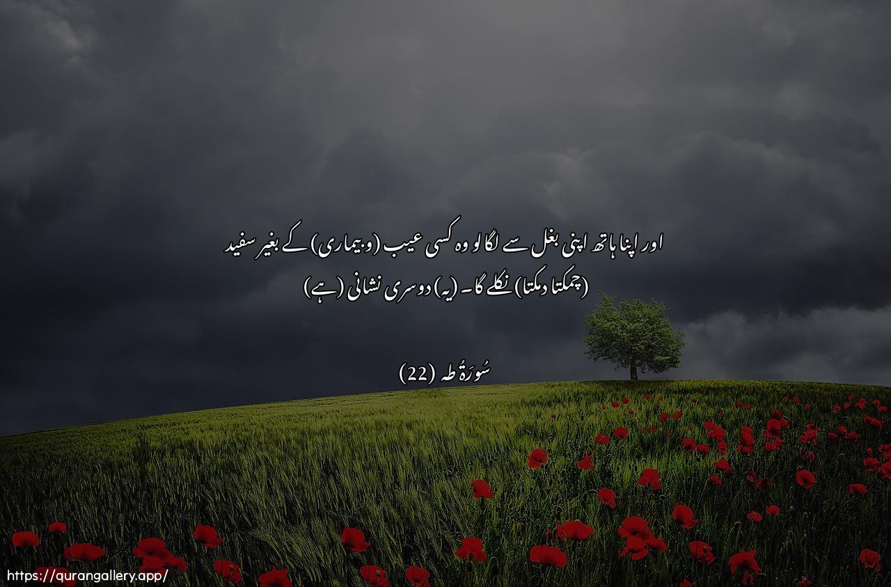 Surah Taa-Haa Ayah 22 of 20 HD Wallpaper: Download Beautiful horizontal Quran Verse Image | Wadmum yadaka ila janahikatakhruj baydaa min ghayri soo-in ayatan okhra