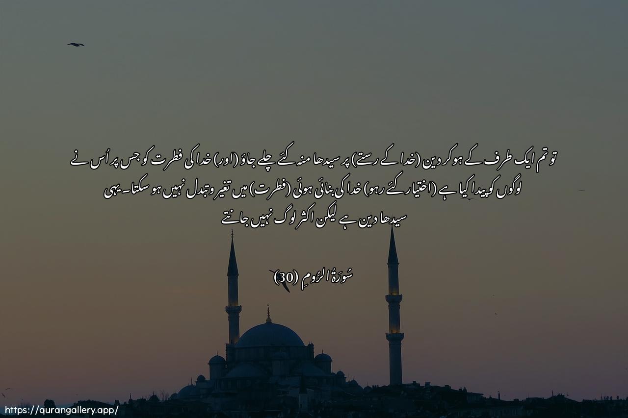 Surah Ar-Room Ayah 30 of 30 HD Wallpaper: Download Beautiful horizontal Quran Verse Image | Faaqim wajhaka liddeeni haneefanfitrata Allahi allatee fatara annasaAAalayha la tabdeela likhalqi Allahi thalikaaddeenu alqayyimu walakinna akthara annasila yaAAlamoon