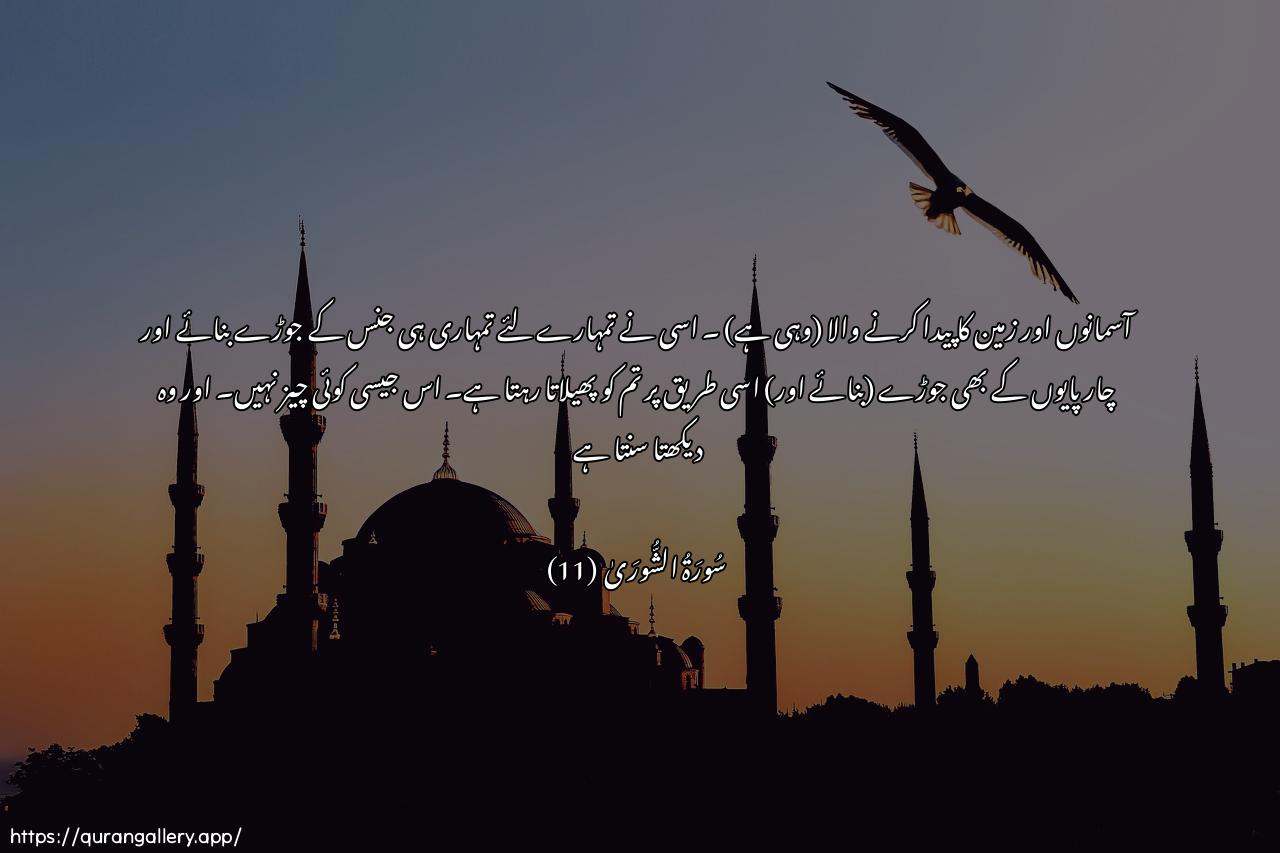 Surah Ash-Shura Ayah 11 of 42 HD Wallpaper: Download Beautiful horizontal Quran Verse Image | Fatiru assamawatiwal-ardi jaAAala lakum min anfusikum azwajanwamina al-anAAami azwajan yathraokum feehilaysa kamithlihi shay-on wahuwa assameeAAu albaseer