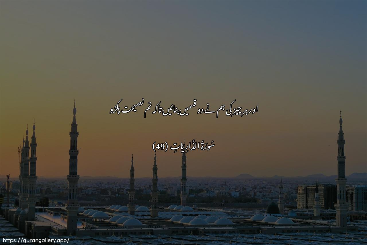 Surah Adh-Dhaariyat Ayah 49 of 51 HD Wallpaper: Download Beautiful horizontal Quran Verse Image | Wamin kulli shay-in khalaqna zawjaynilaAAallakum tathakkaroon