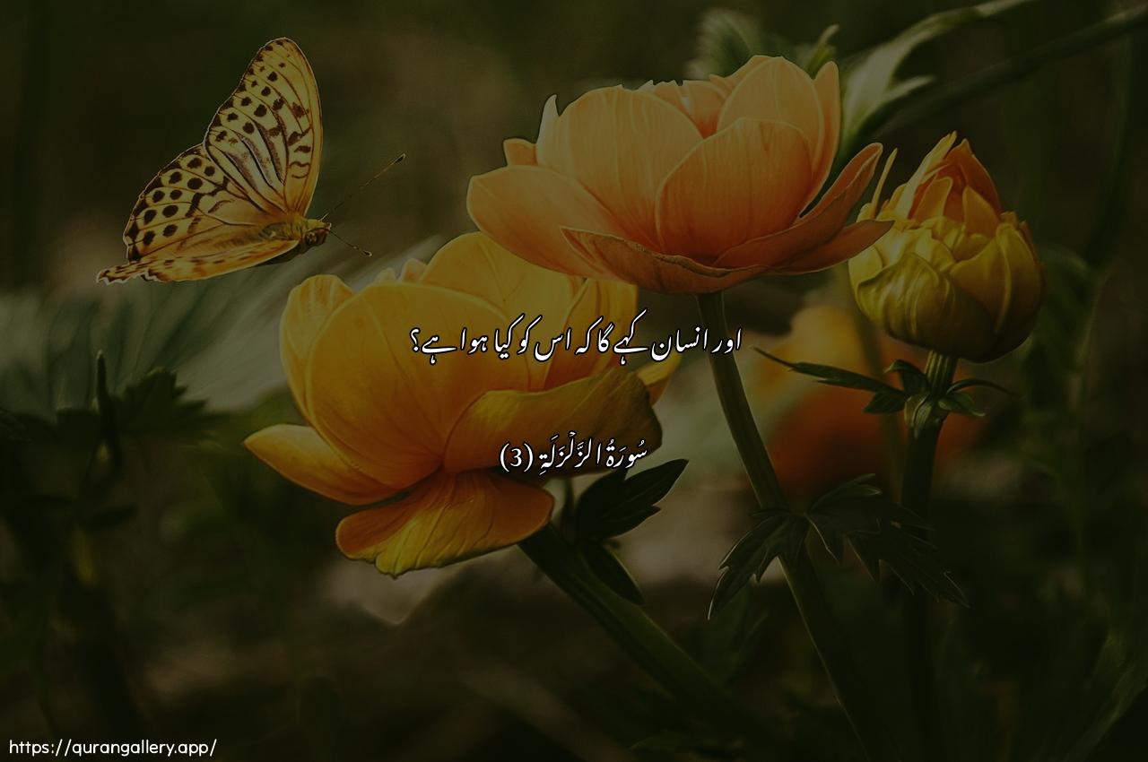 Surah Az-Zalzala Ayah 3 of 99 HD Wallpaper: Download Beautiful horizontal Quran Verse Image | Waqala al-insanu ma laha