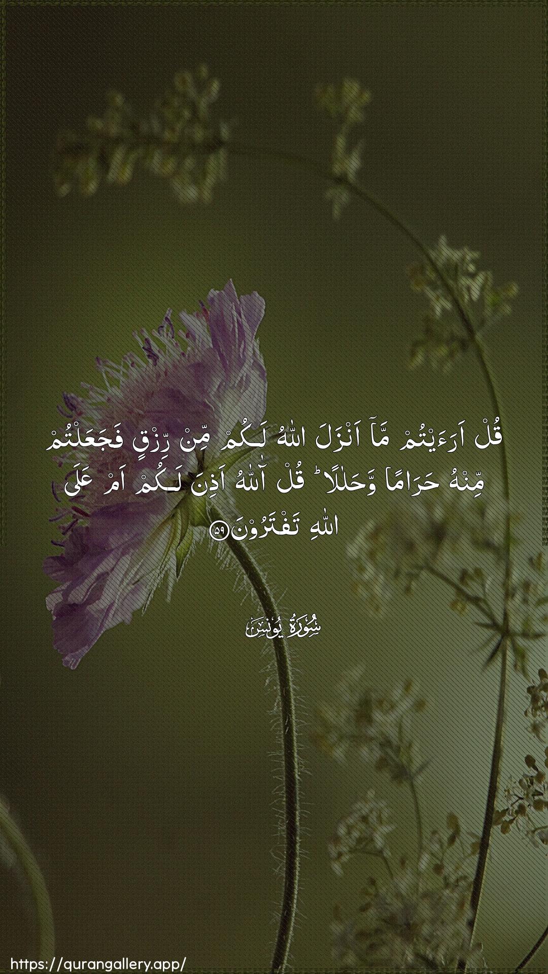 Surah Yunus Ayah 59 of 10 HD Wallpaper: Download Beautiful vertical Quran Verse Image | Qul araaytum ma anzala Allahulakum min rizqin fajaAAaltum minhu haraman wahalalanqul allahu athina lakum am AAala Allahitaftaroon