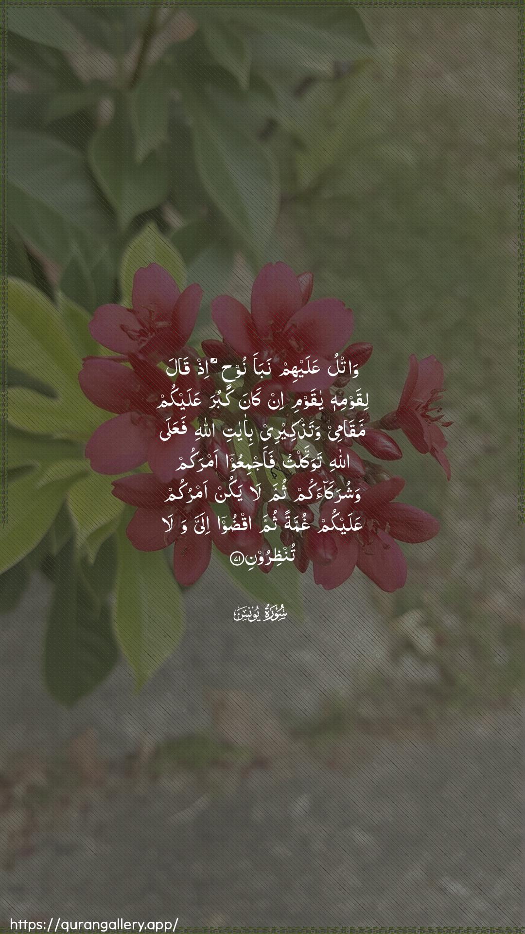 Surah Yunus Ayah 71 of 10 HD Wallpaper: Download Beautiful vertical Quran Verse Image | Watlu AAalayhim nabaa noohinith qala liqawmihi ya qawmi in kanakabura AAalaykum maqamee watathkeeree bi-ayatiAllahi faAAala Allahi tawakkaltu faajmiAAooamrakum washurakaakum thumma la yakun amrukumAAalaykum ghummatan thumma iqdoo ilayya wala tunthiroon