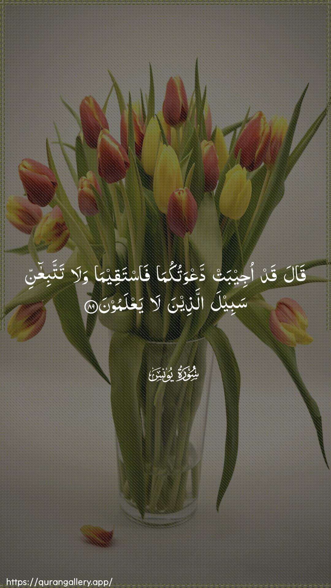 Surah Yunus Ayah 89 of 10 HD Wallpaper: Download Beautiful vertical Quran Verse Image | Qala qad ojeebat daAAwatukumafastaqeema wala tattabiAAannisabeela allatheena la yaAAlamoon