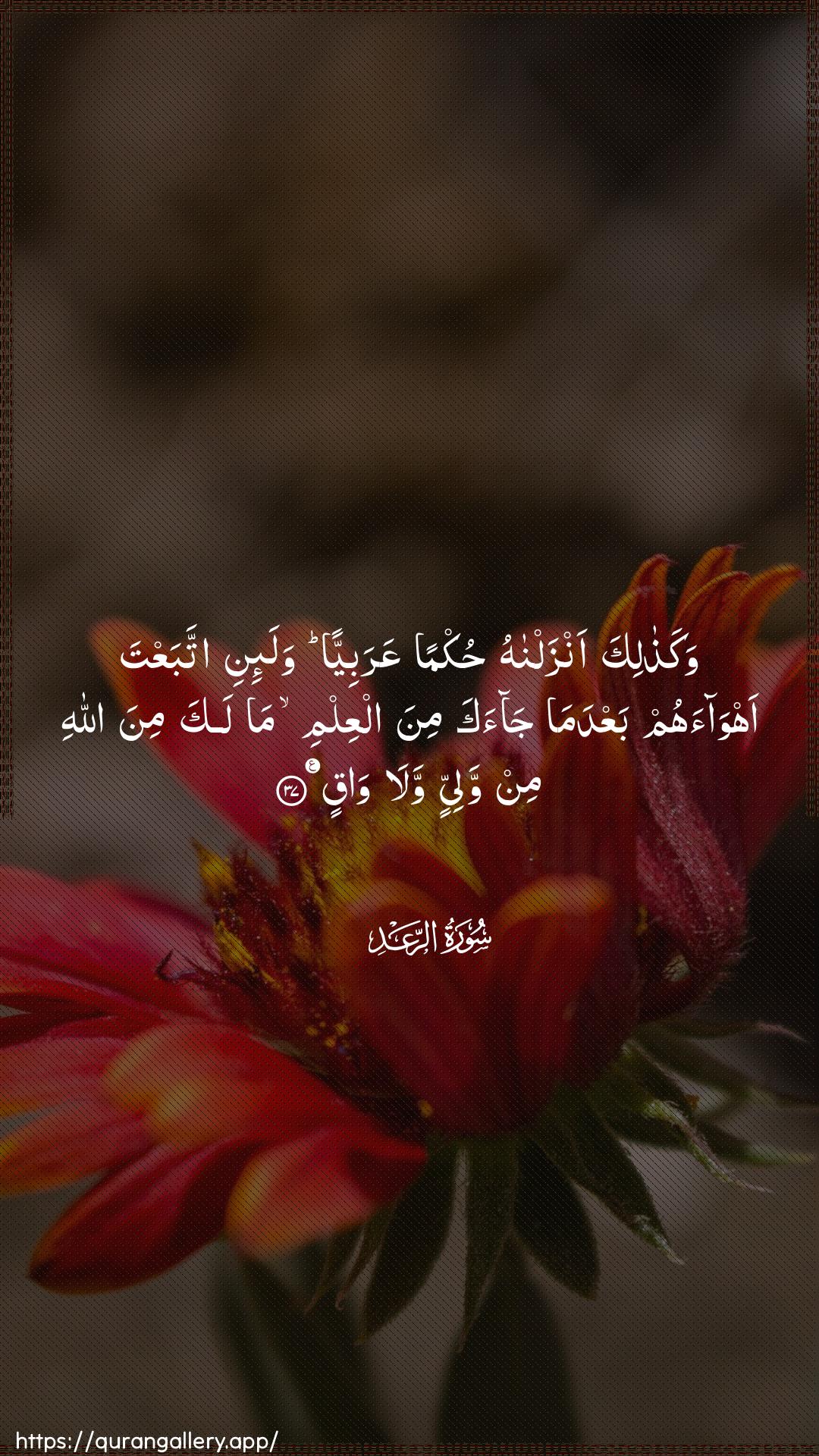 Surah Ar-Ra"d Ayah 37 of 13 HD Wallpaper: Download Beautiful vertical Quran Verse Image | Wakathalika anzalnahu hukmanAAarabiyyan wala-ini ittabaAAta ahwaahum baAAda majaaka mina alAAilmi ma laka mina Allahi minwaliyyin wala waq