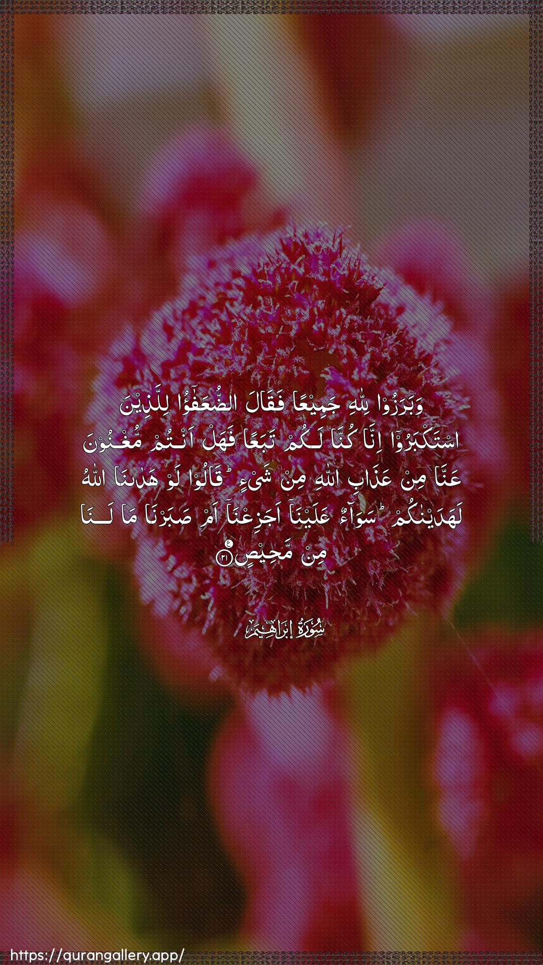 Surah Ibrahim Ayah 21 of 14 HD Wallpaper: Download Beautiful vertical Quran Verse Image | Wabarazoo lillahi jameeAAan faqalaadduAAafao lillatheena istakbarooinna kunna lakum tabaAAan fahal antum mughnoonaAAanna min AAathabi Allahi min shay-in qaloolaw hadana Allahu lahadaynakum sawaonAAalayna ajaziAAna am sabarna malana min mahees