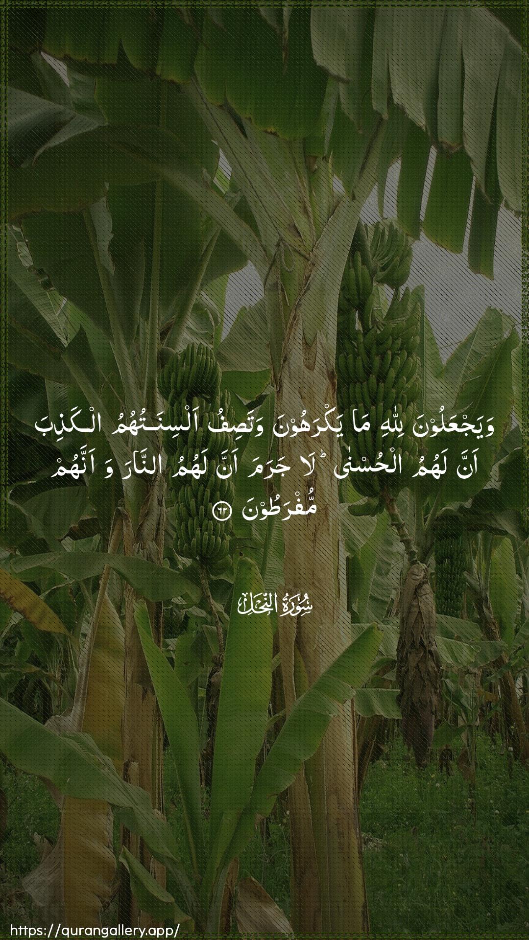 Surah An-Nahl Ayah 62 of 16 HD Wallpaper: Download Beautiful vertical Quran Verse Image | WayajAAaloona lillahi mayakrahoona watasifu alsinatuhumu alkathiba annalahumu alhusna la jarama anna lahumu annarawaannahum mufratoon