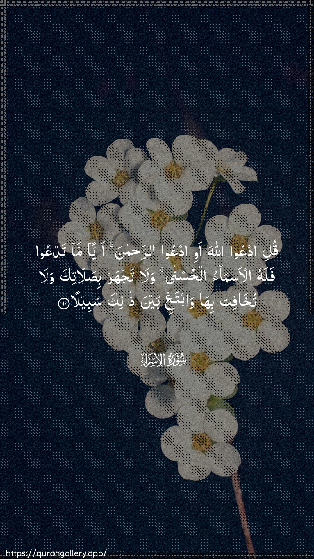 Surah Al-Israa Ayah 110 of 17 HD Wallpaper: Download Beautiful vertical Quran Verse Image | Quli odAAoo Allaha awi odAAoo arrahmanaayyan ma tadAAoo falahu al-asmao alhusnawala tajhar bisalatika wala tukhafitbiha wabtaghi bayna thalika sabeela