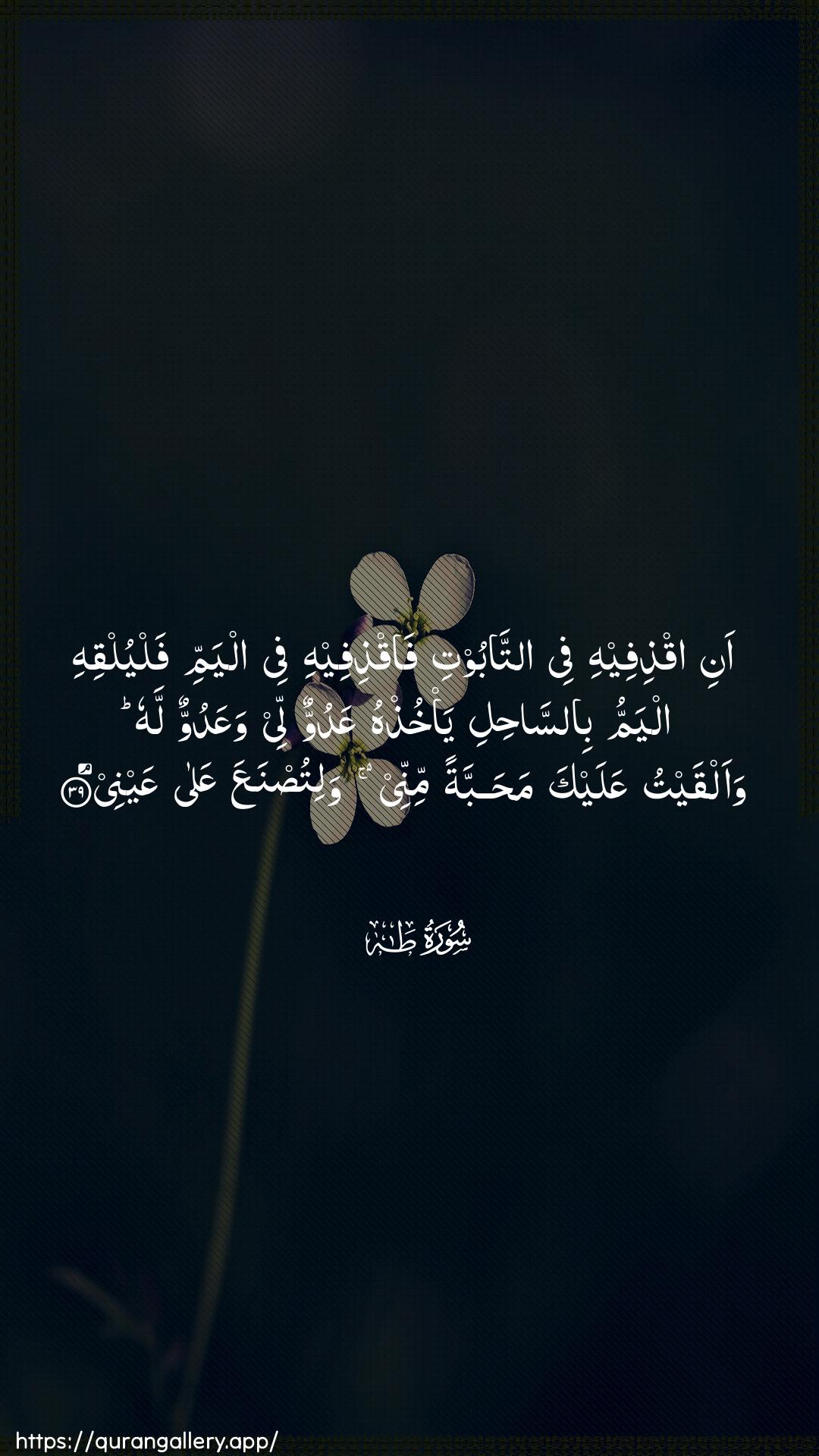 Surah Taa-Haa Ayah 39 of 20 HD Wallpaper: Download Beautiful vertical Quran Verse Image | Ani iqthifeehi fee attabootifaqthifeehi fee alyammi falyulqihi alyammu bissahiliya/khuthhu AAaduwwun lee waAAaduwwun lahu waalqaytuAAalayka mahabbatan minnee walitusnaAAa AAalaAAaynee