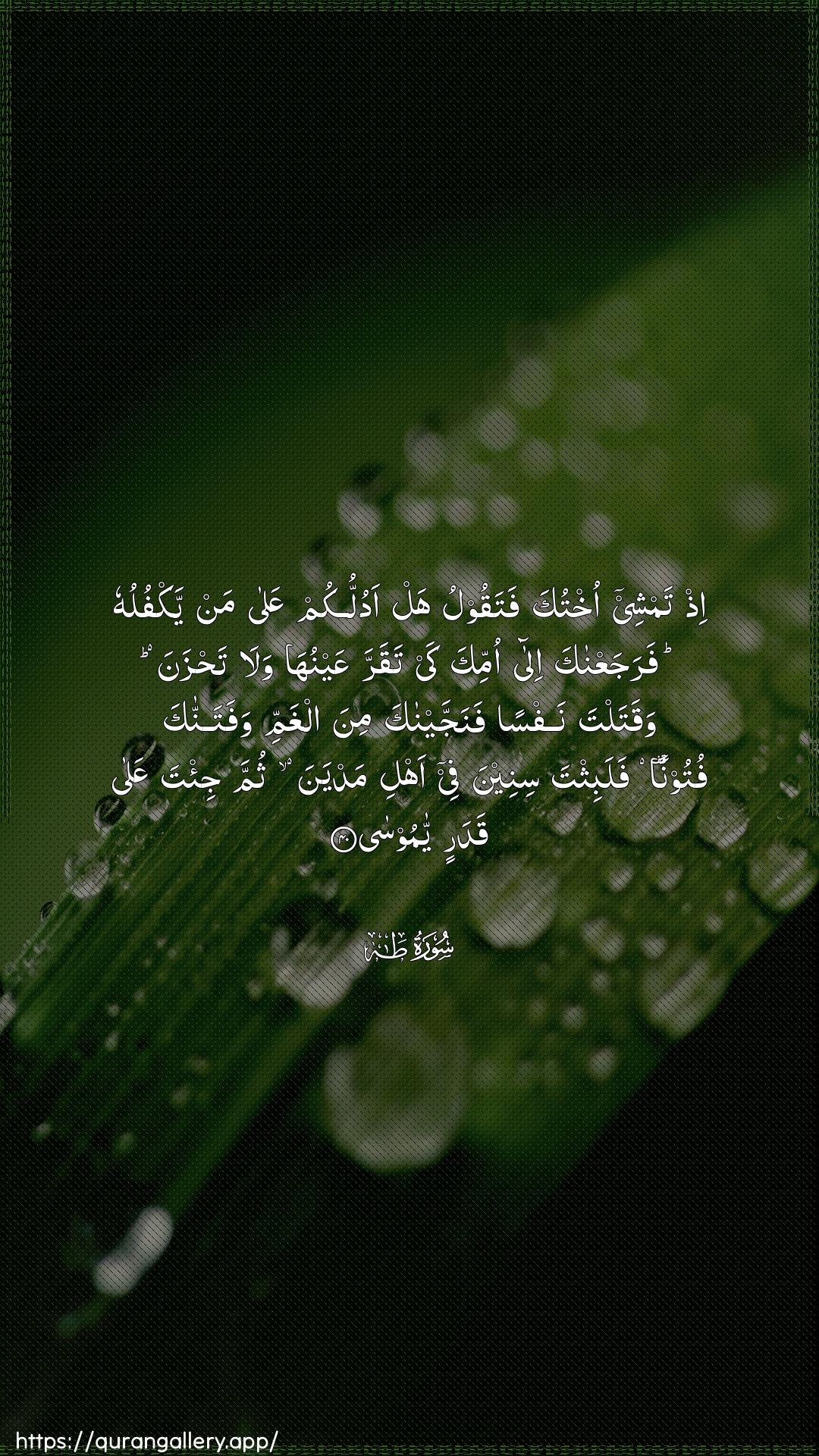 Surah Taa-Haa Ayah 40 of 20 HD Wallpaper: Download Beautiful vertical Quran Verse Image | Ith tamshee okhtuka fataqoolu haladullukum AAala man yakfuluhu farajaAAnaka ilaommika kay taqarra AAaynuha wala tahzanawaqatalta nafsan fanajjaynaka mina alghammi wafatannakafutoonan falabithta sineena fee ahli madyana thumma ji/ta AAalaqadarin ya moosa