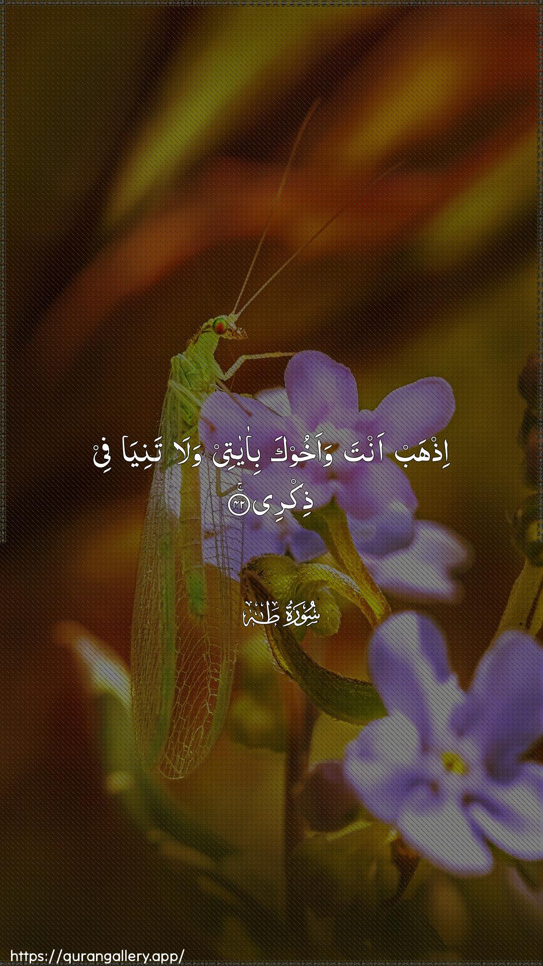 Surah Taa-Haa Ayah 42 of 20 HD Wallpaper: Download Beautiful vertical Quran Verse Image | Ithhab anta waakhooka bi-ayateewala taniya fee thikree