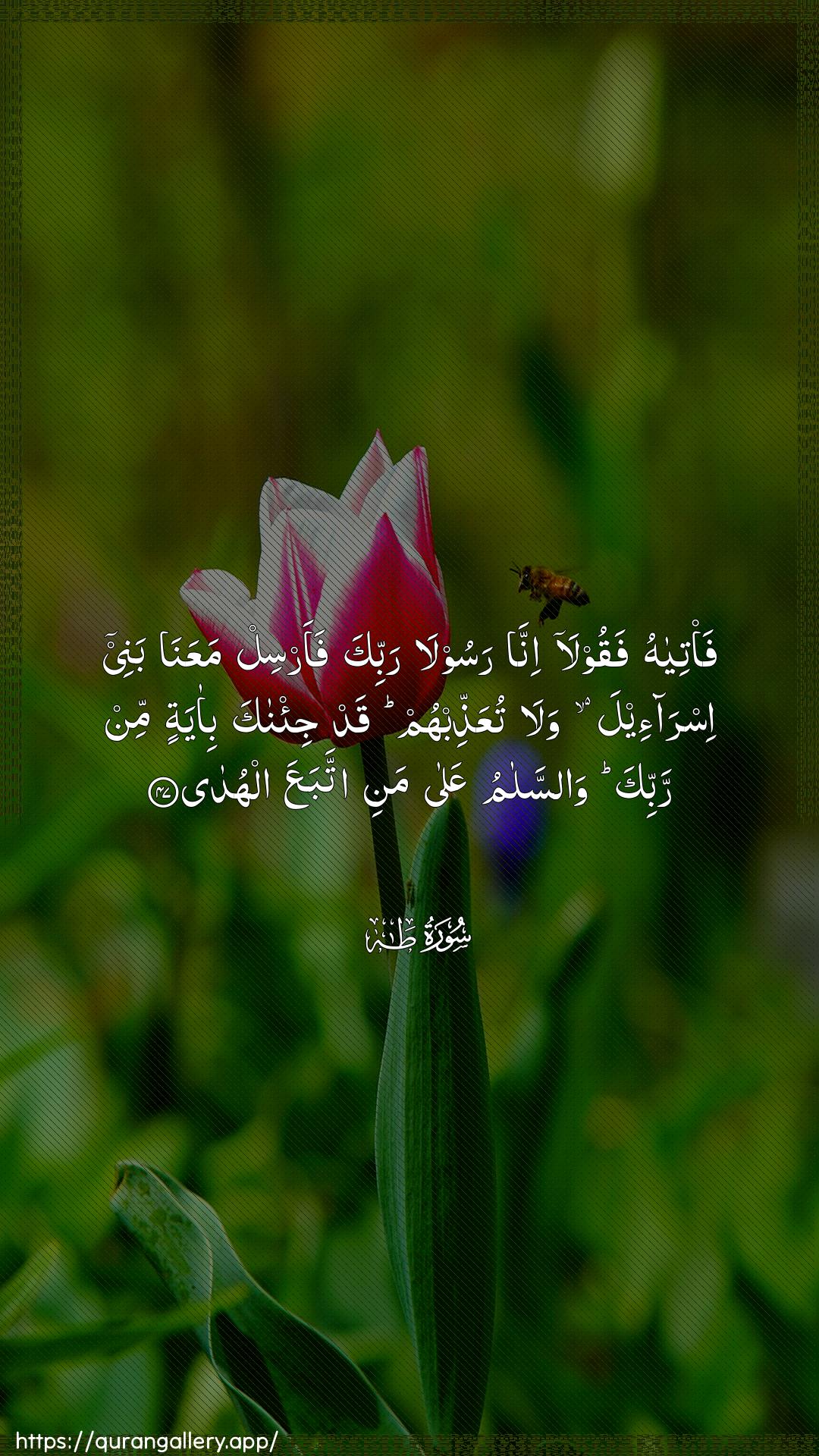 Surah Taa-Haa Ayah 47 of 20 HD Wallpaper: Download Beautiful vertical Quran Verse Image | Fa/tiyahu faqoola innarasoola rabbika faarsil maAAana banee isra-eelawala tuAAaththibhum qad ji/naka bi-ayatinmin rabbika wassalamu AAala mani ittabaAAaalhuda