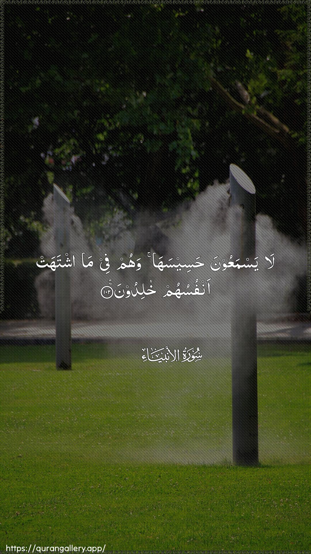 Surah Al-Anbiyaa Ayah 102 of 21 HD Wallpaper: Download Beautiful vertical Quran Verse Image | La yasmaAAoona haseesahawahum fee ma ishtahat anfusuhum khalidoon