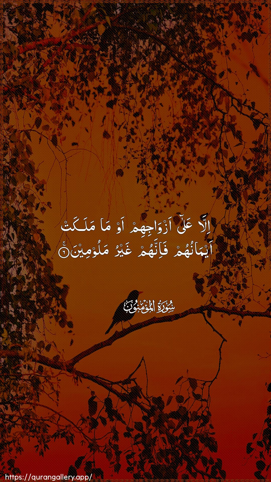 Surah Al-Muminoon Ayah 6 of 23 HD Wallpaper: Download Beautiful vertical Quran Verse Image | Illa AAala azwajihim awma malakat aymanuhum fa-innahum ghayru maloomeen