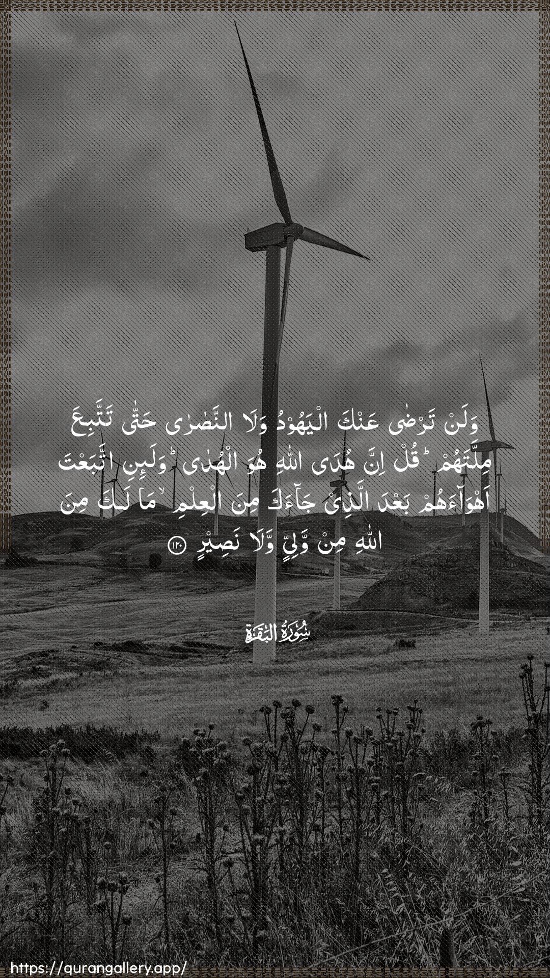 Surah Al-Baqara Ayah 120 of 2 HD Wallpaper: Download Beautiful vertical Quran Verse Image | Walan tarda AAanka alyahoodu walaannasara hatta tattabiAAamillatahum qul inna huda Allahi huwa alhudawala-ini ittabaAAta ahwaahum baAAda allathee jaakamina alAAilmi ma laka mina Allahi min waliyyin walanaseer