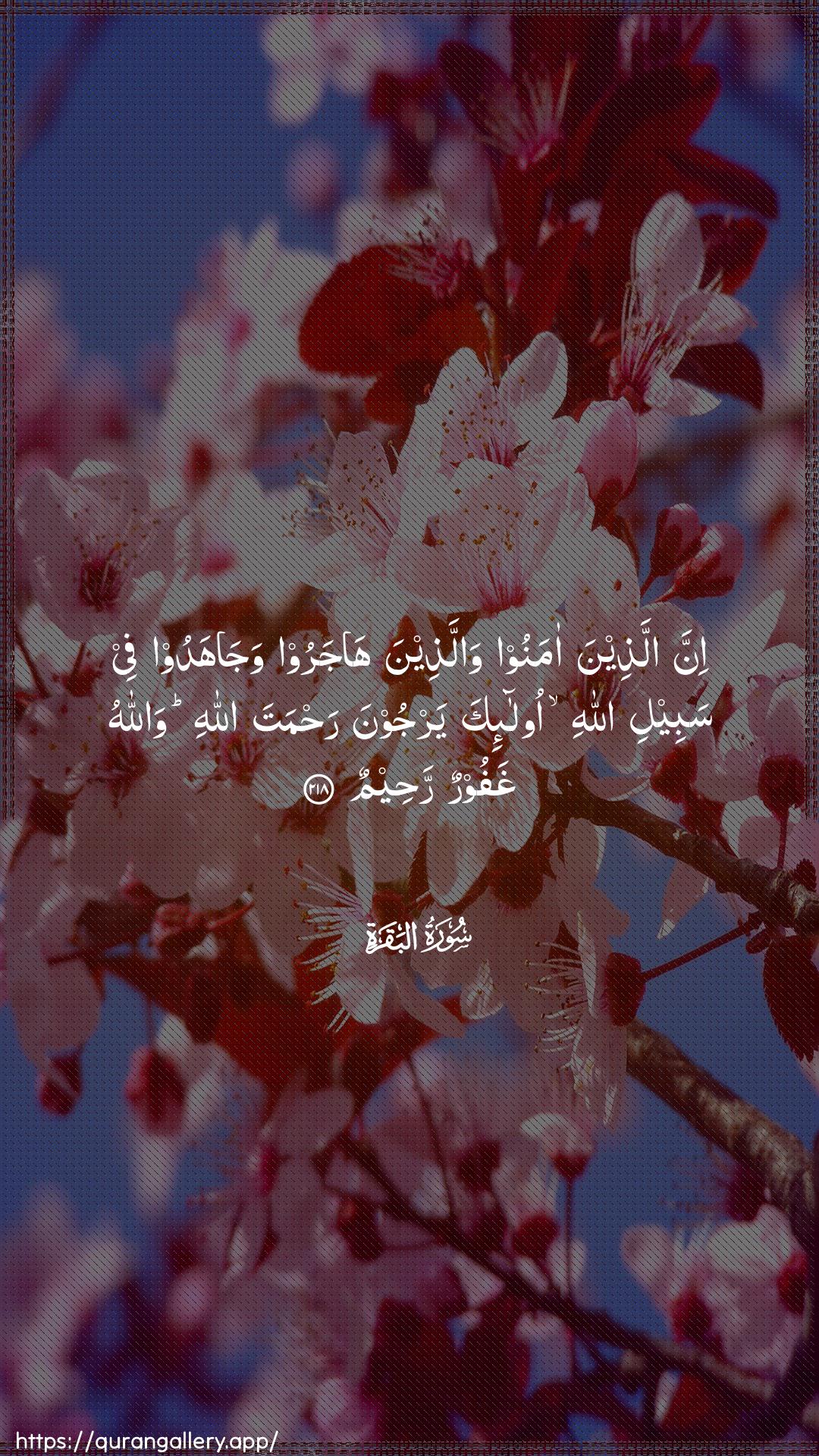 Surah Al-Baqara Ayah 218 of 2 HD Wallpaper: Download Beautiful vertical Quran Verse Image | Inna allatheena amanoo wallatheenahajaroo wajahadoo fee sabeeli Allahi ola-ikayarjoona rahmata Allahi wallahughafoorun raheem