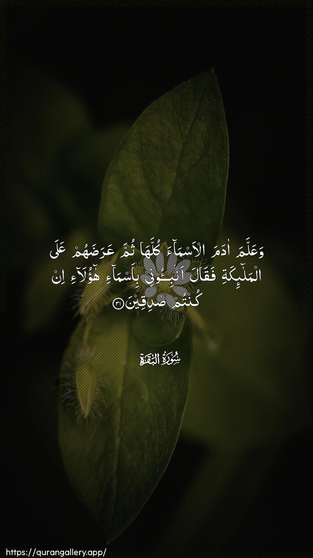 Surah Al-Baqara Ayah 31 of 2 HD Wallpaper: Download Beautiful vertical Quran Verse Image | WaAAallama adama al-asmaakullaha thumma AAaradahum AAala almala-ikatifaqala anbi-oonee bi-asma-i haola-iin kuntum sadiqeen