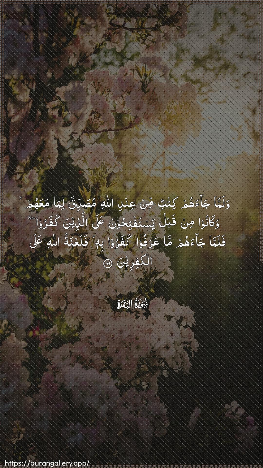 Surah Al-Baqara Ayah 89 of 2 HD Wallpaper: Download Beautiful vertical Quran Verse Image | Walamma jaahum kitabunmin AAindi Allahi musaddiqun lima maAAahumwakanoo min qablu yastaftihoona AAala allatheenakafaroo falamma jaahum ma AAarafoo kafaroobihi falaAAnatu Allahi AAala alkafireen