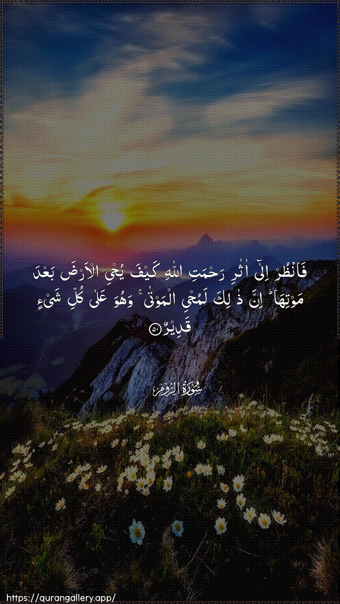 Surah Ar-Room Ayah 50 of 30 HD Wallpaper: Download Beautiful vertical Quran Verse Image | Fanthur ila atharirahmati Allahi kayfa yuhyee al-ardabaAAda mawtiha inna thalika lamuhyee almawtawahuwa AAala kulli shay-in qadeer