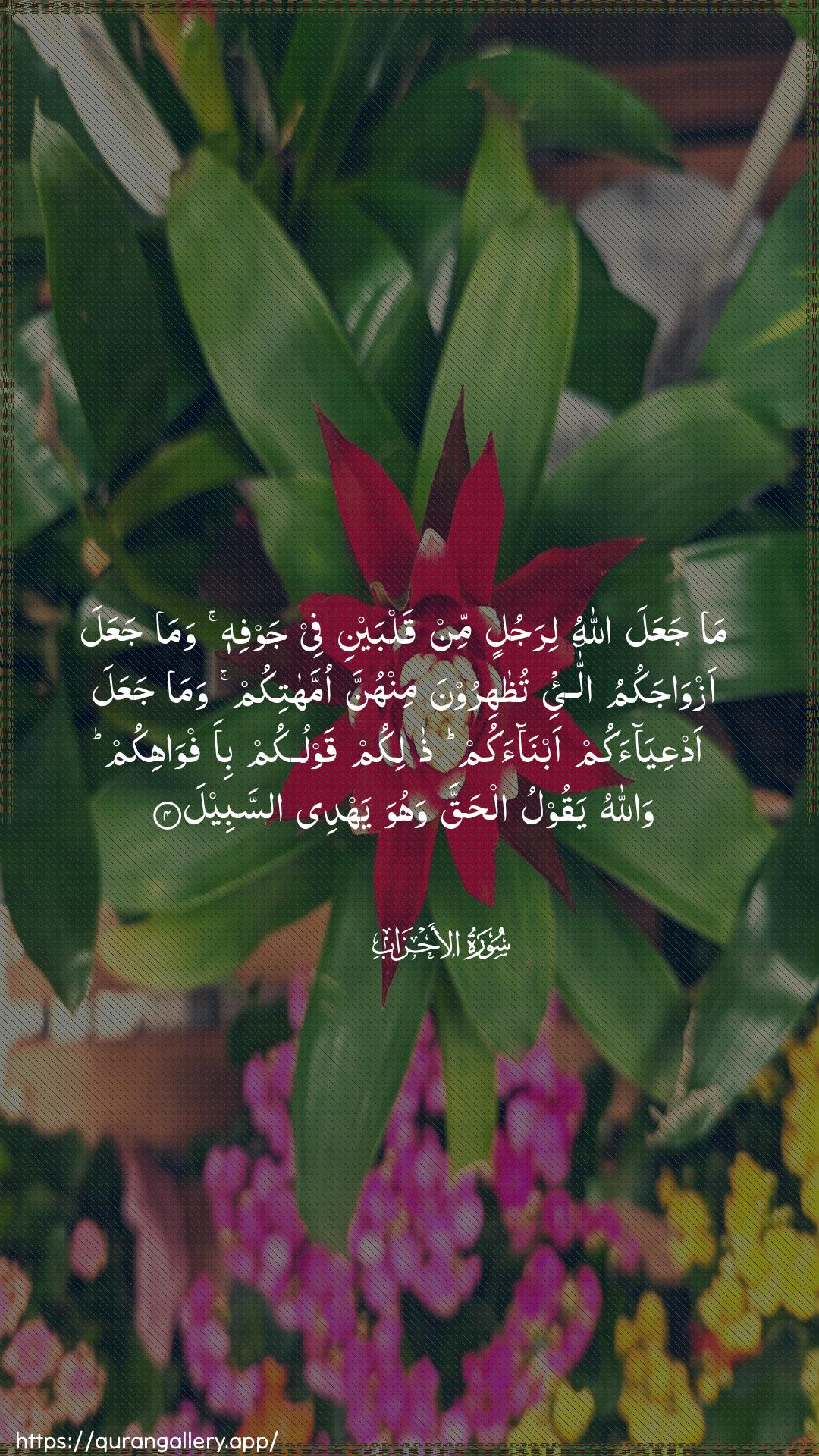 Surah Al-Ahzaab Ayah 4 of 33 HD Wallpaper: Download Beautiful vertical Quran Verse Image | Ma jaAAala Allahu lirajulin minqalbayni fee jawfihi wama jaAAala azwajakumu alla-eetuthahiroona minhunna ommahatikum wamajaAAala adAAiyaakum abnaakum thalikumqawlukum bi-afwahikum wallahu yaqoolu alhaqqawahuwa yahdee assabeel