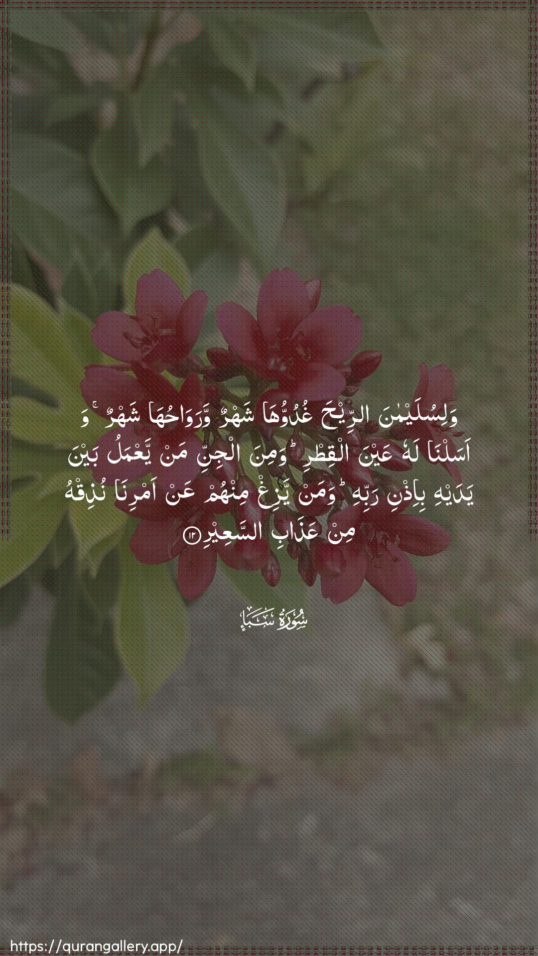 Surah Saba Ayah 12 of 34 HD Wallpaper: Download Beautiful vertical Quran Verse Image | Walisulaymana arreehaghuduwwuha shahrun warawahuha shahrunwaasalna lahu AAayna alqitri wamina aljinni manyaAAmalu bayna yadayhi bi-ithni rabbihi waman yazighminhum AAan amrina nuthiqhu min AAathabi assaAAeer