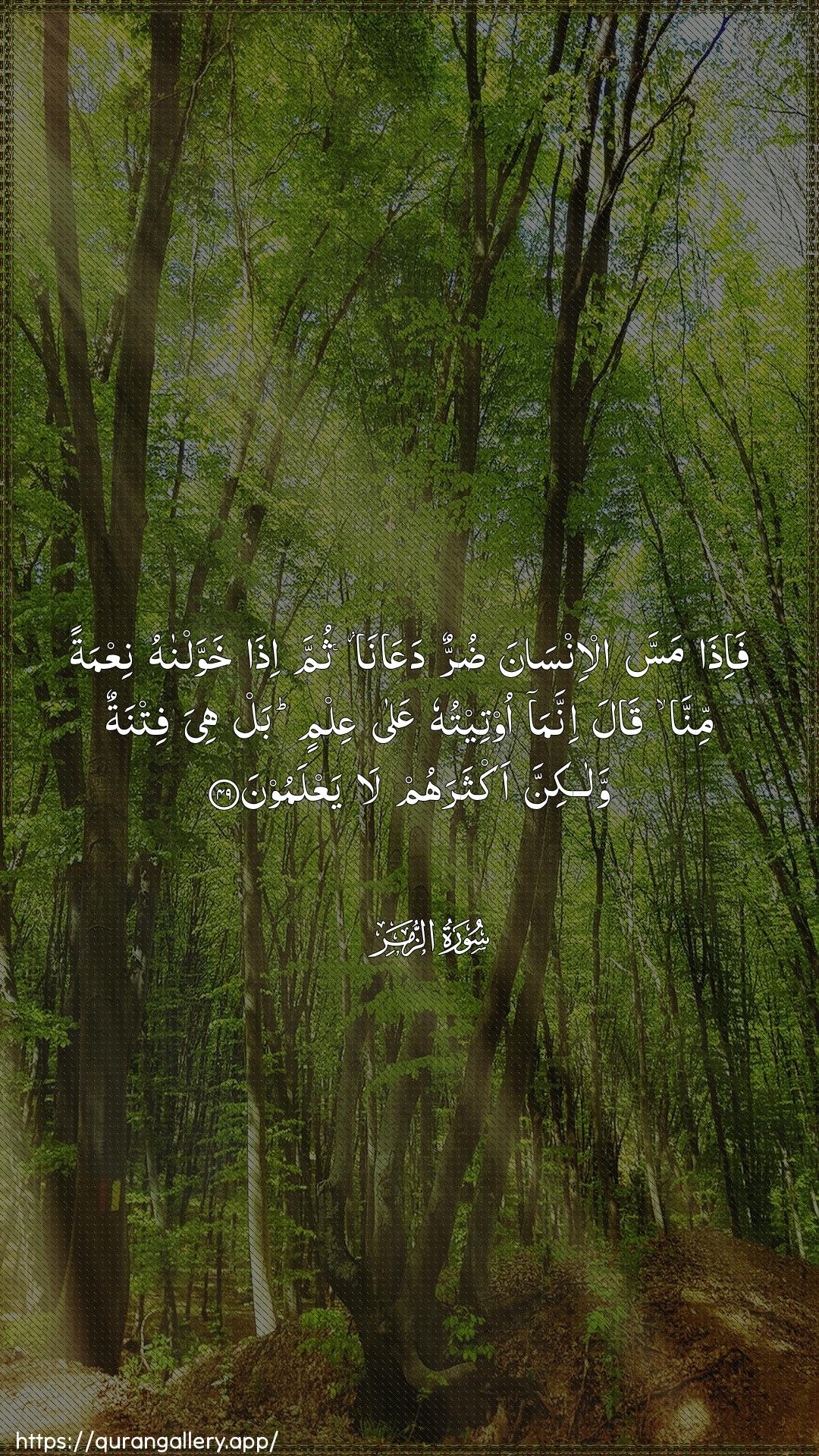 Surah Az-Zumar Ayah 49 of 39 HD Wallpaper: Download Beautiful vertical Quran Verse Image | Fa-itha massa al-insana durrundaAAana thumma itha khawwalnahuniAAmatan minna qala innama ooteetuhu AAalaAAilmin bal hiya fitnatun walakinna aktharahum layaAAlamoon