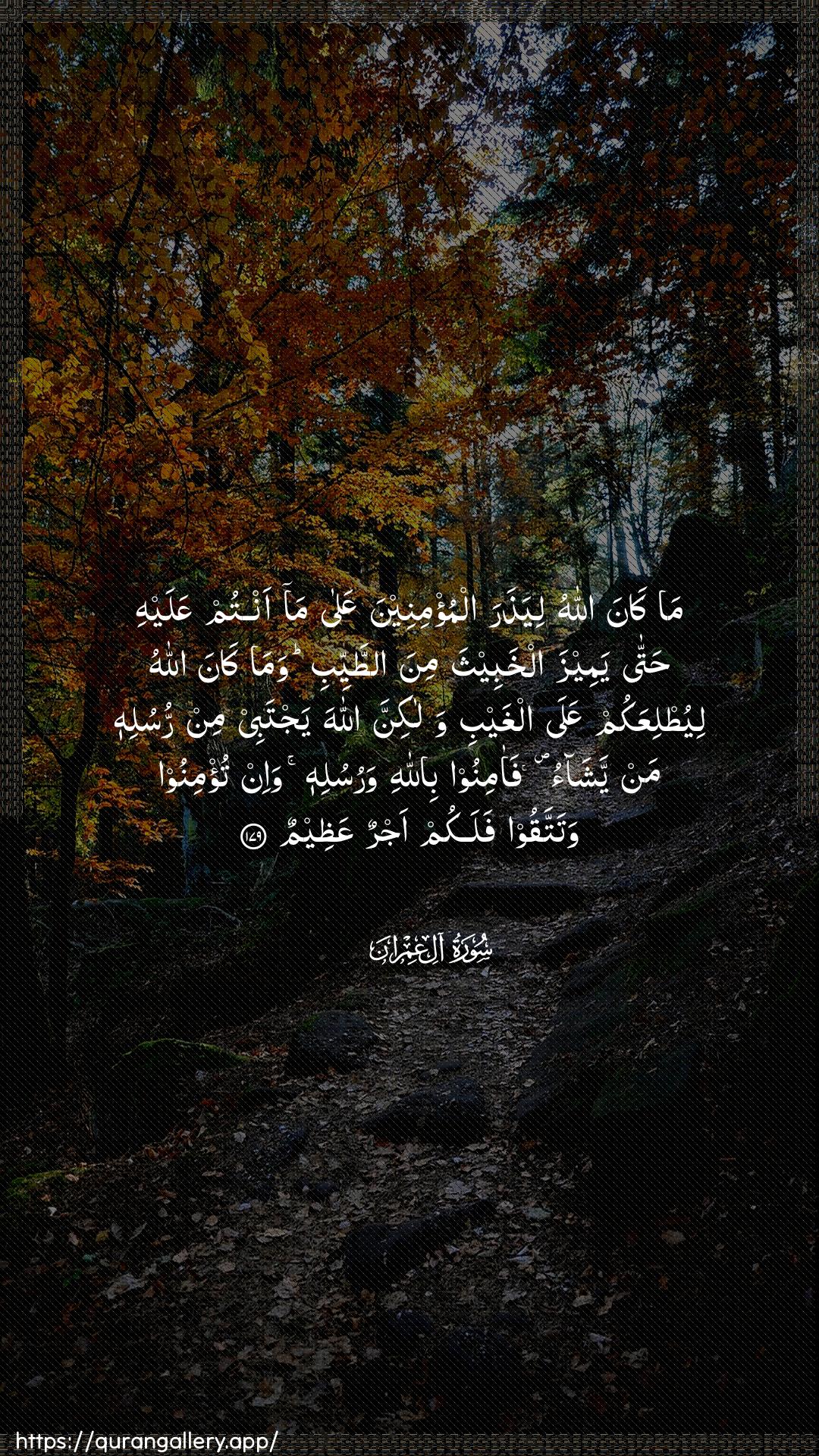 Surah Aal-i-Imraan Ayah 179 of 3 HD Wallpaper: Download Beautiful vertical Quran Verse Image | Ma kana Allahu liyatharaalmu/mineena AAala ma antum AAalayhi hattayameeza alkhabeetha mina attayyibi wama kanaAllahu liyutliAAakum AAala alghaybi walakinnaAllaha yajtabee min rusulihi man yashao faaminoobillahi warusulihi wa-in tu/minoo watattaqoofalakum ajrun AAatheem