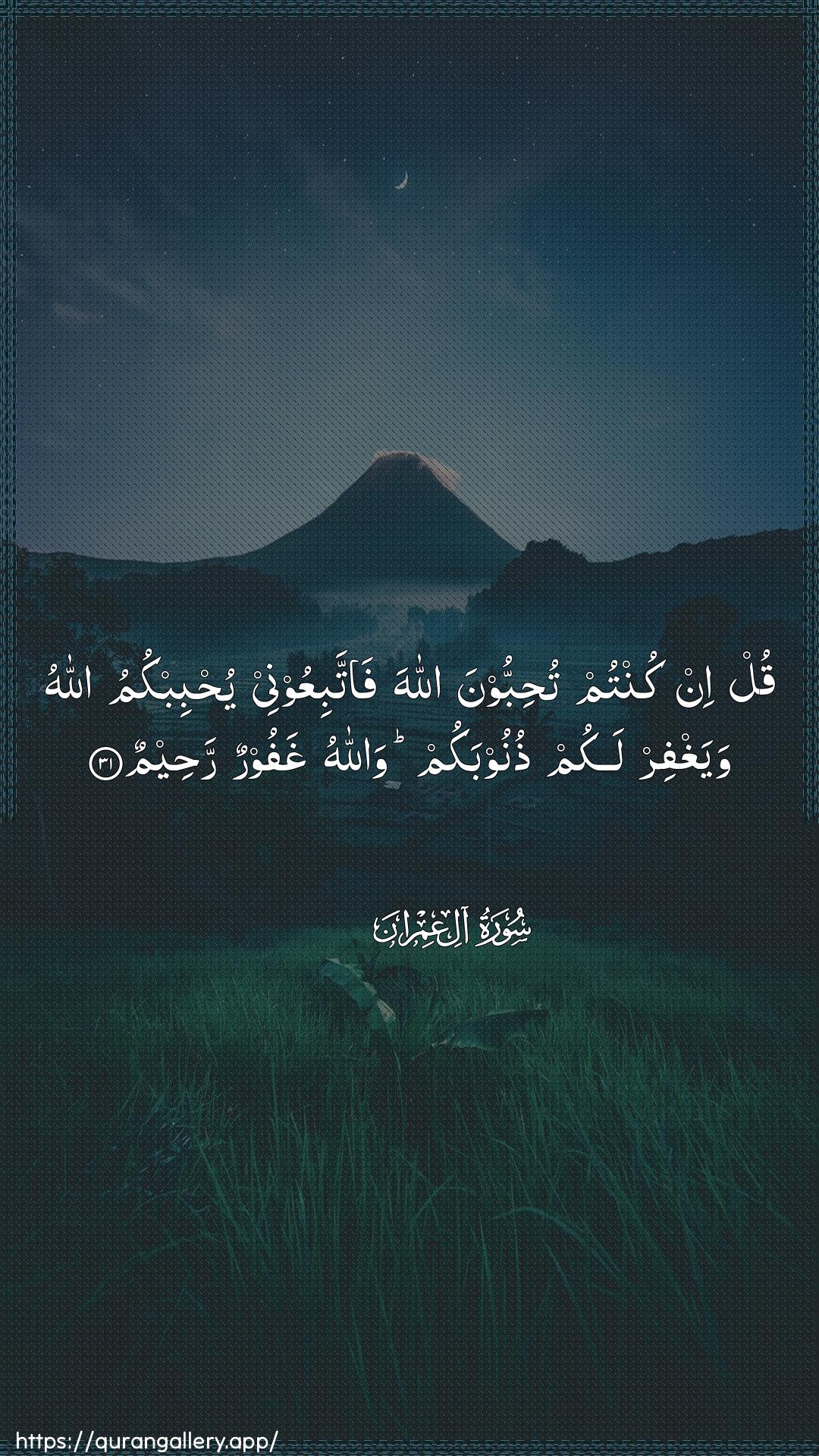 Surah Aal-i-Imraan Ayah 31 of 3 HD Wallpaper: Download Beautiful vertical Quran Verse Image | Qul in kuntum tuhibboona AllahafattabiAAoonee yuhbibkumu Allahu wayaghfirlakum thunoobakum wallahu ghafoorun raheem