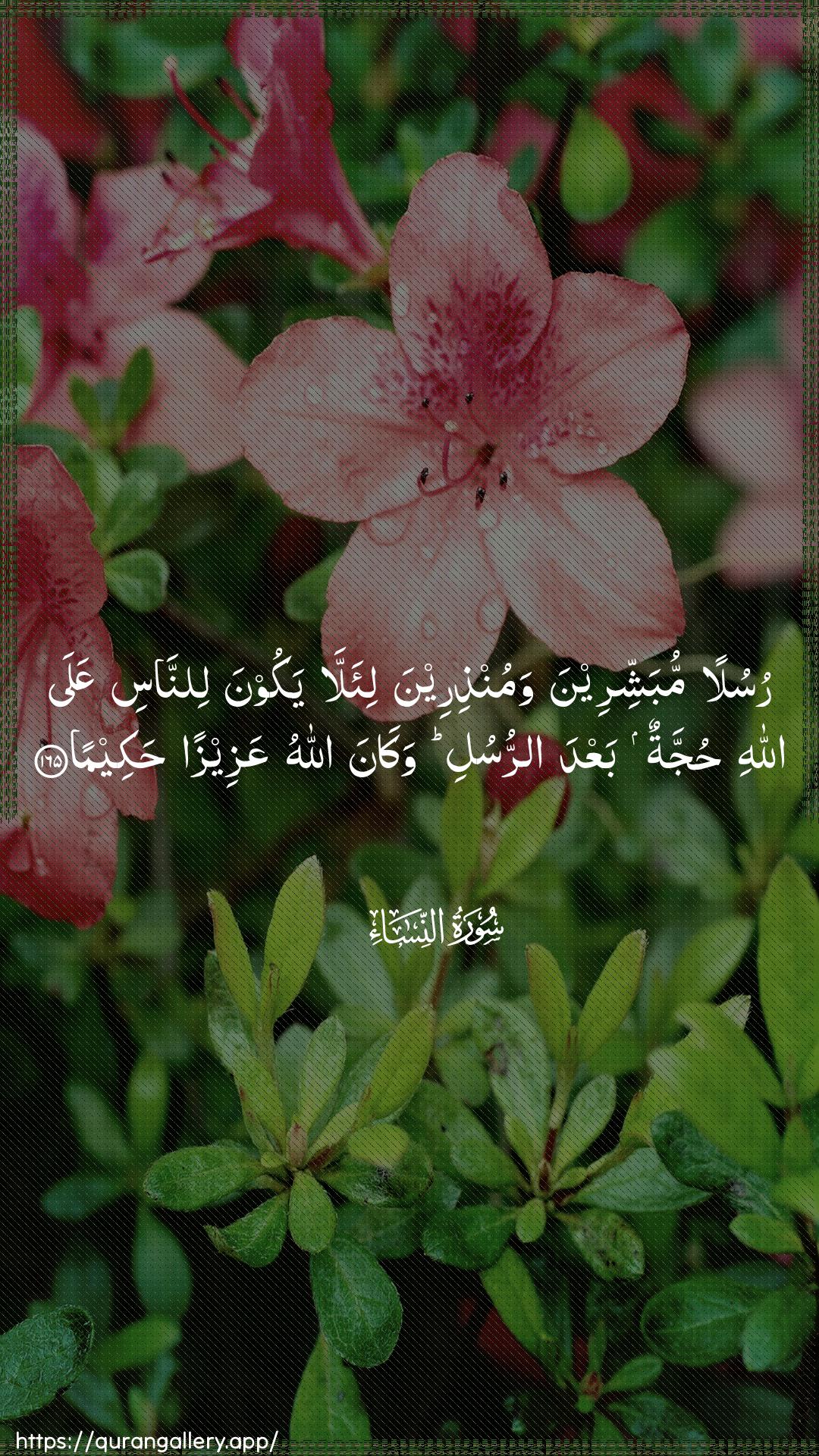 Surah An-Nisaa Ayah 165 of 4 HD Wallpaper: Download Beautiful vertical Quran Verse Image | Rusulan mubashshireena wamunthireenali-alla yakoona linnasi AAala Allahihujjatun baAAda arrusuli wakana AllahuAAazeezan hakeema