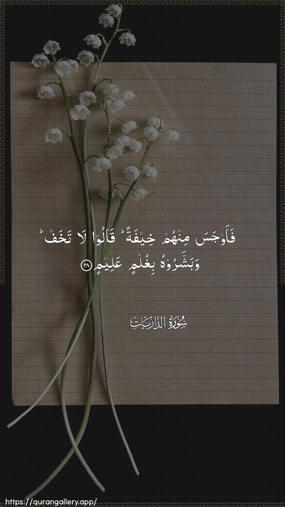 Surah Adh-Dhaariyat Ayah 28 of 51 HD Wallpaper: Download Beautiful vertical Quran Verse Image | Faawjasa minhum kheefatan qaloo latakhaf wabashsharoohu bighulamin AAaleem