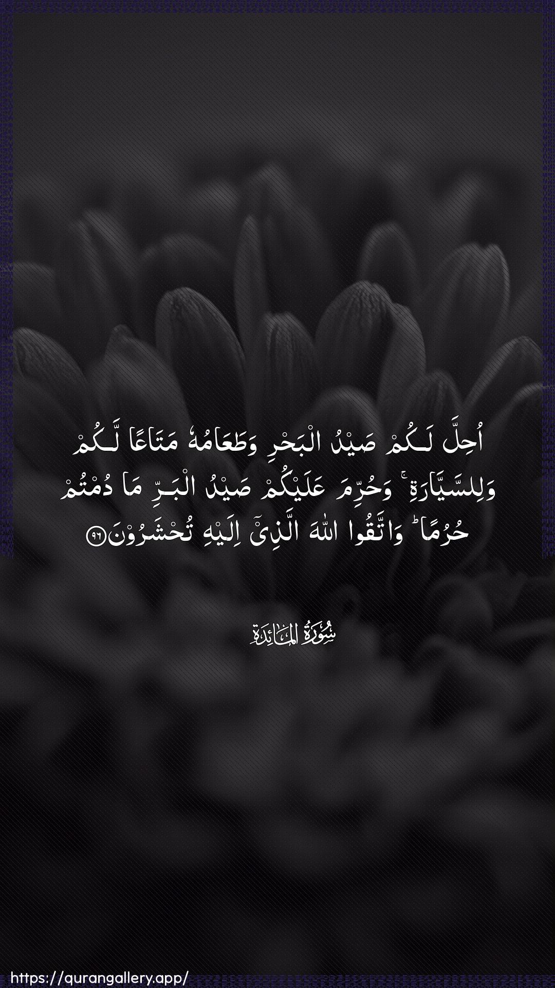 Surah Al-Maaida Ayah 96 of 5 HD Wallpaper: Download Beautiful vertical Quran Verse Image | Ohilla lakum saydu albahriwataAAamuhu mataAAan lakum walissayyaratiwahurrima AAalaykum saydu albarri ma dumtum hurumanwattaqoo Allaha allathee ilayhi tuhsharoon