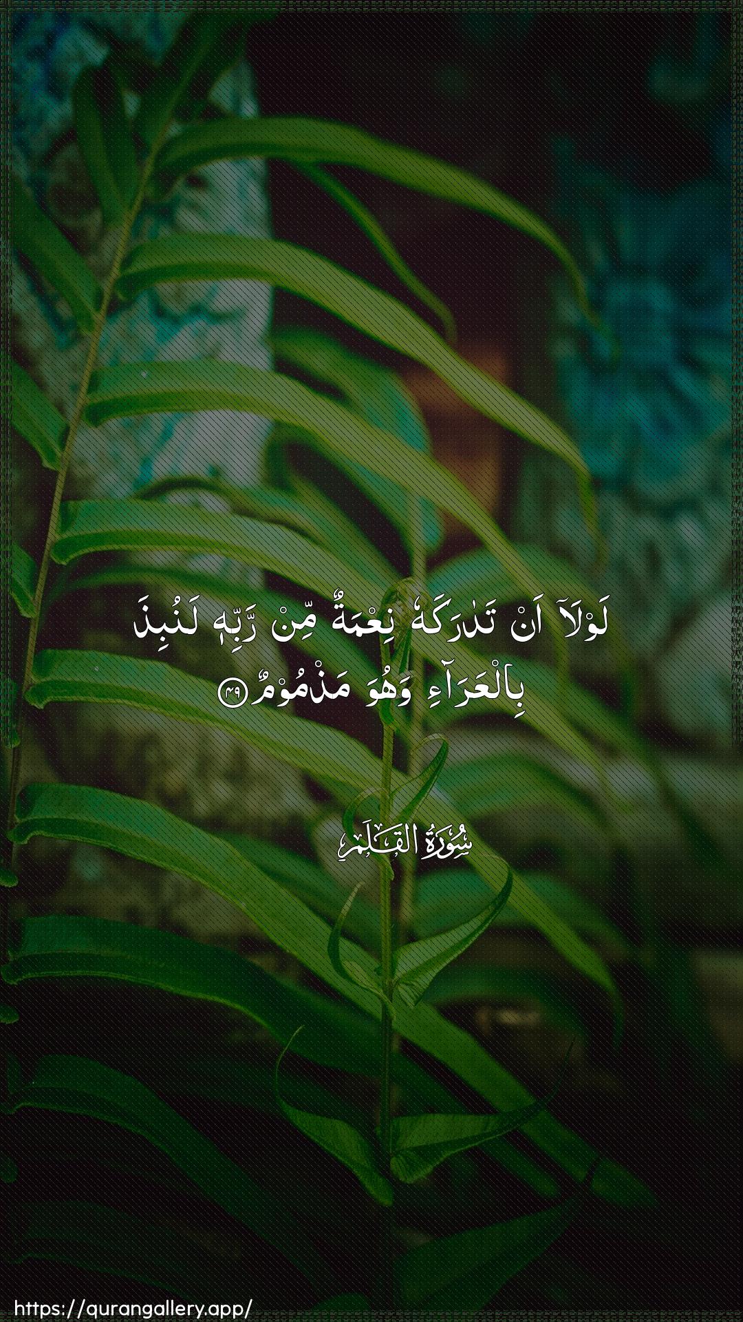 Surah Al-Qalam Ayah 49 of 68 HD Wallpaper: Download Beautiful vertical Quran Verse Image | Lawla an tadarakahu niAAmatunmin rabbihi lanubitha bilAAara-i wahuwa mathmoom