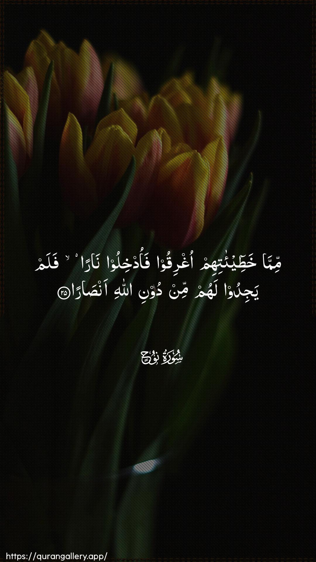 Surah Nooh Ayah 25 of 71 HD Wallpaper: Download Beautiful vertical Quran Verse Image | Mimma khatee-atihimoghriqoo faodkhiloo naran falam yajidoo lahum min dooniAllahi ansara