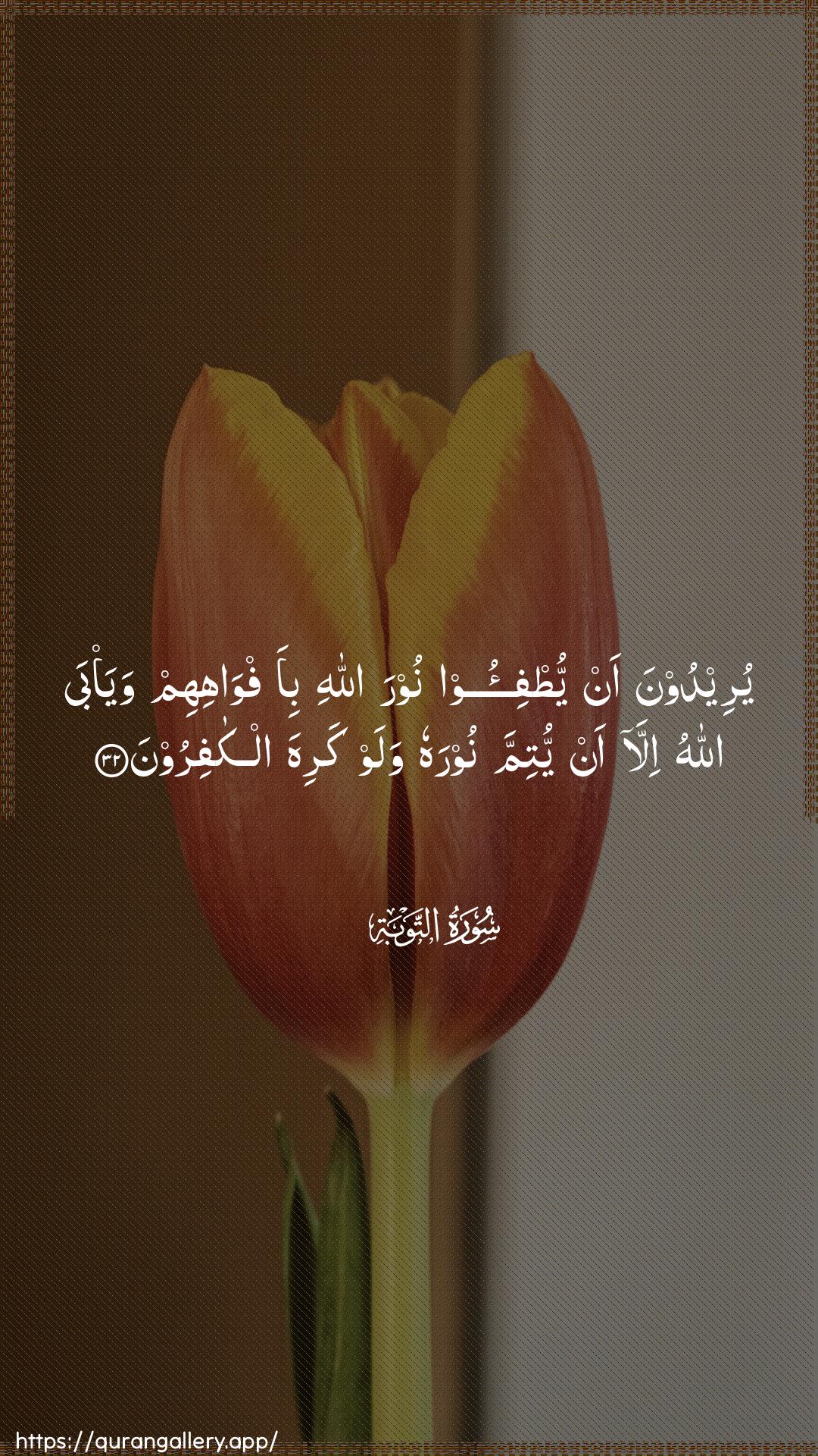 Surah At-Tawba Ayah 32 of 9 HD Wallpaper: Download Beautiful vertical Quran Verse Image | Yureedoona an yutfi-oo noora Allahibi-afwahihim waya/ba Allahu illa anyutimma noorahu walaw kariha alkafiroon