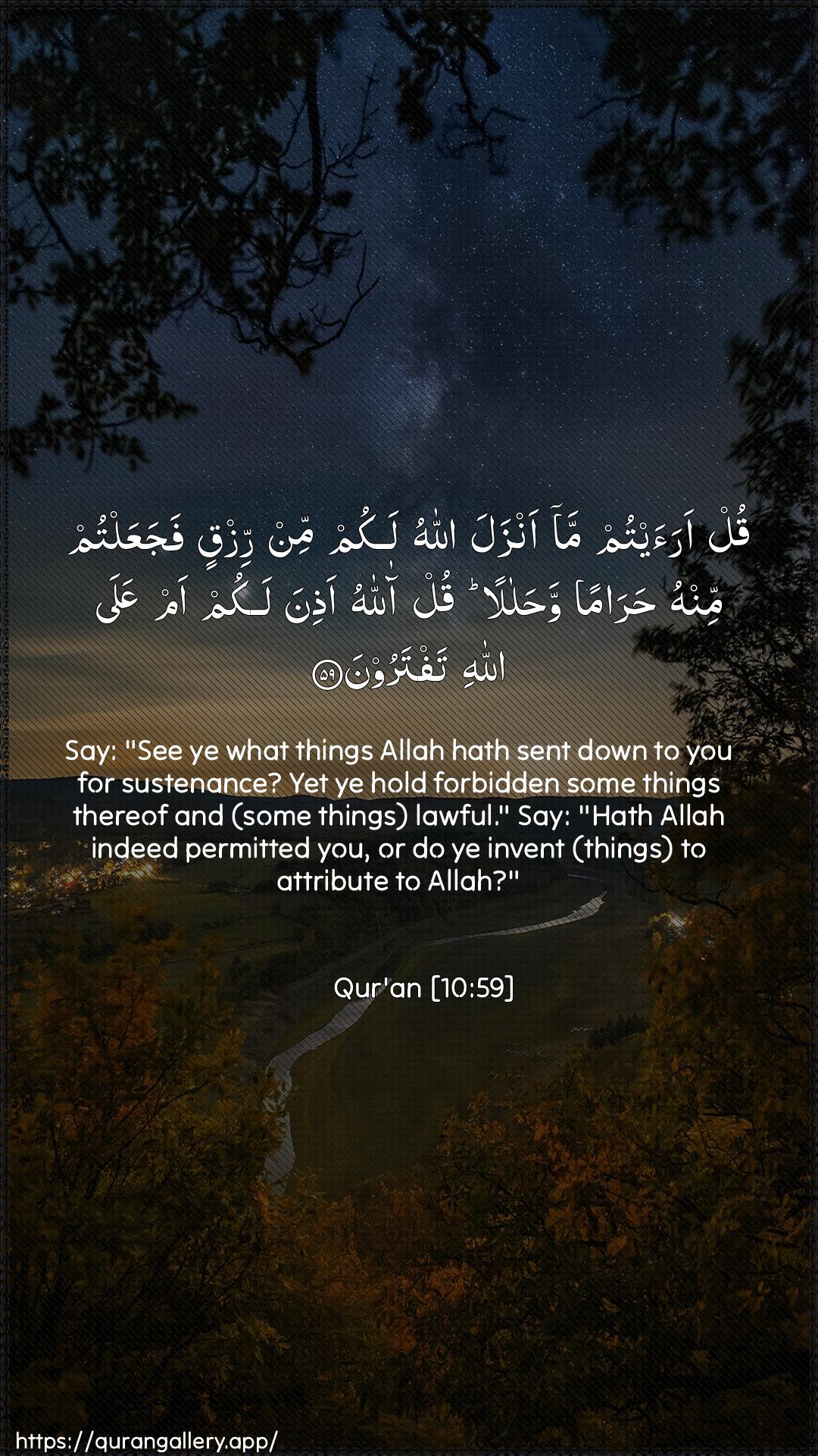 Surah Yunus Ayah 59 of 10 HD Wallpaper: Download Beautiful vertical Quran Verse Image | Qul araaytum ma anzala Allahulakum min rizqin fajaAAaltum minhu haraman wahalalanqul allahu athina lakum am AAala Allahitaftaroon