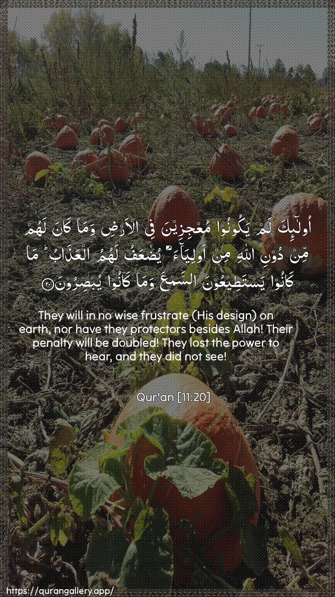 Surah Hud Ayah 20 of 11 HD Wallpaper: Download Beautiful vertical Quran Verse Image | Ola-ika lam yakoonoo muAAjizeena feeal-ardi wama kana lahum min dooni Allahimin awliyaa yudaAAafu lahumu alAAathabu makanoo yastateeAAoona assamAAa wama kanooyubsiroon