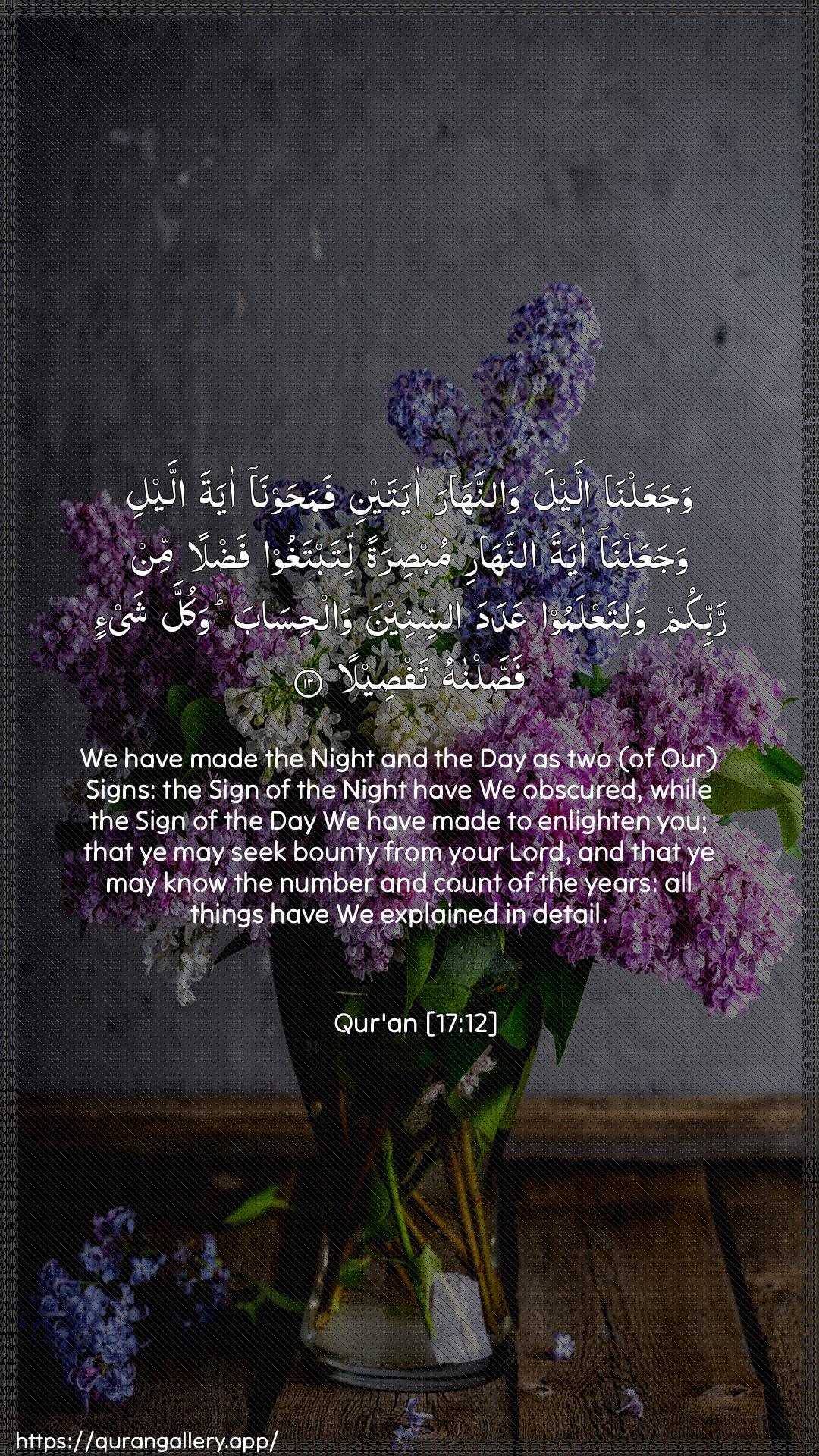 Surah Al-Israa Ayah 12 of 17 HD Wallpaper: Download Beautiful vertical Quran Verse Image | WajaAAalna allayla wannaharaayatayni famahawna ayata allayliwajaAAalna ayata annahari mubsiratanlitabtaghoo fadlan min rabbikum walitaAAlamoo AAadada assineenawalhisaba wakulla shay-in fassalnahutafseela