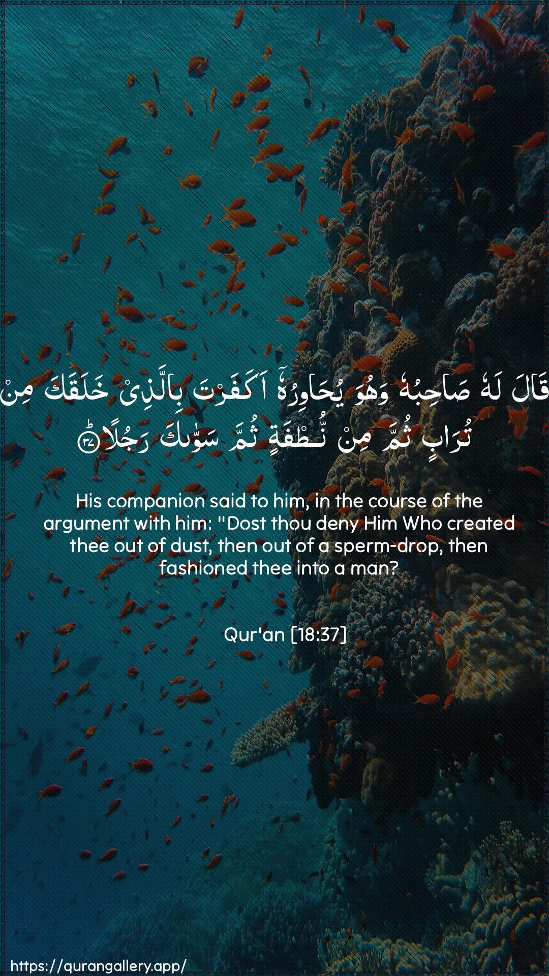 Surah Al-Kahf Ayah 37 of 18 HD Wallpaper: Download Beautiful vertical Quran Verse Image | Qala lahu sahibuhu wahuwa yuhawiruhuakafarta billathee khalaqaka min turabinthumma min nutfatin thumma sawwaka rajula