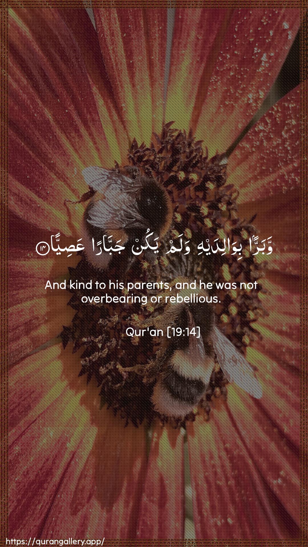 Surah Maryam Ayah 14 of 19 HD Wallpaper: Download Beautiful vertical Quran Verse Image | Wabarran biwalidayhi walam yakun jabbaranAAasiyya