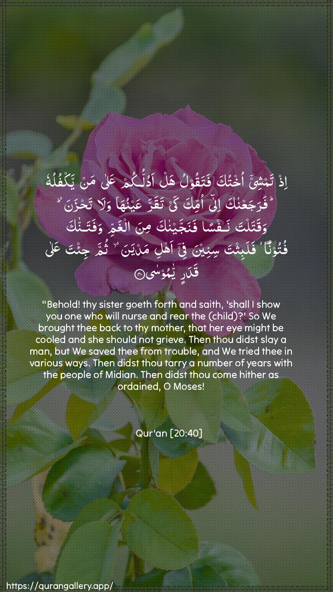 Surah Taa-Haa Ayah 40 of 20 HD Wallpaper: Download Beautiful vertical Quran Verse Image | Ith tamshee okhtuka fataqoolu haladullukum AAala man yakfuluhu farajaAAnaka ilaommika kay taqarra AAaynuha wala tahzanawaqatalta nafsan fanajjaynaka mina alghammi wafatannakafutoonan falabithta sineena fee ahli madyana thumma ji/ta AAalaqadarin ya moosa