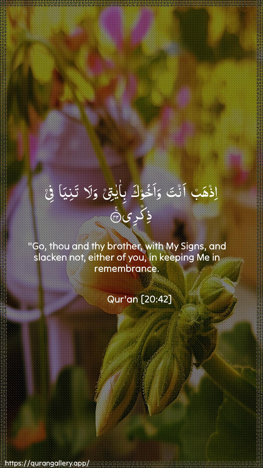 Surah Taa-Haa Ayah 42 of 20 HD Wallpaper: Download Beautiful vertical Quran Verse Image | Ithhab anta waakhooka bi-ayateewala taniya fee thikree