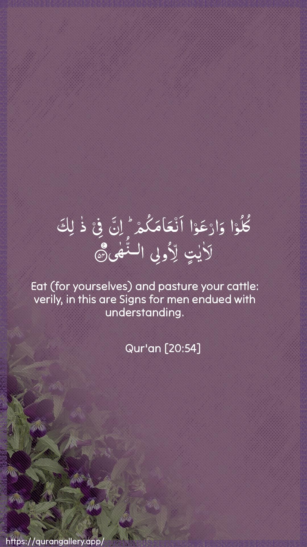 Surah Taa-Haa Ayah 54 of 20 HD Wallpaper: Download Beautiful vertical Quran Verse Image | Kuloo warAAaw anAAamakum innafee thalika laayatin li-olee annuha