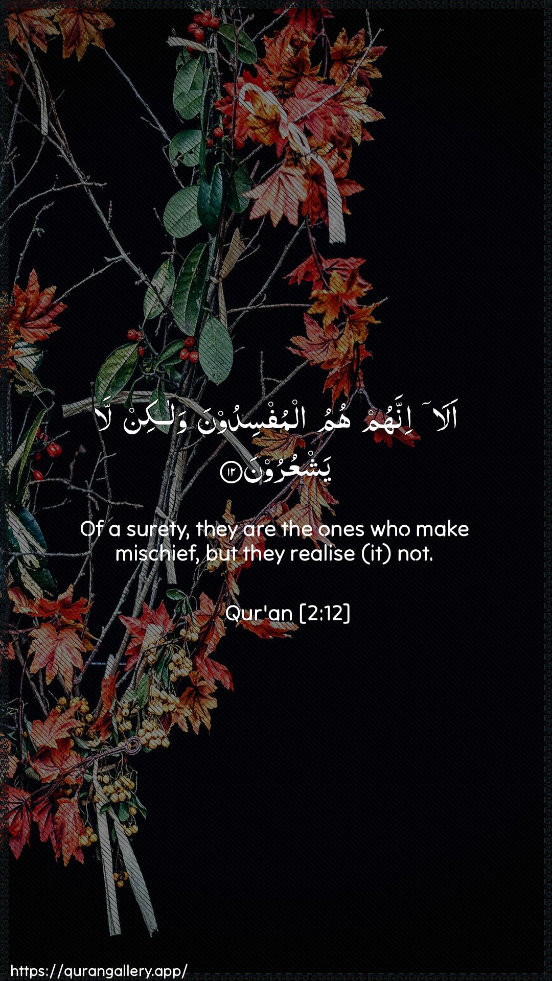 Surah Al-Baqara Ayah 12 of 2 HD Wallpaper: Download Beautiful vertical Quran Verse Image | Ala innahum humu almufsidoona walakinla yashAAuroon