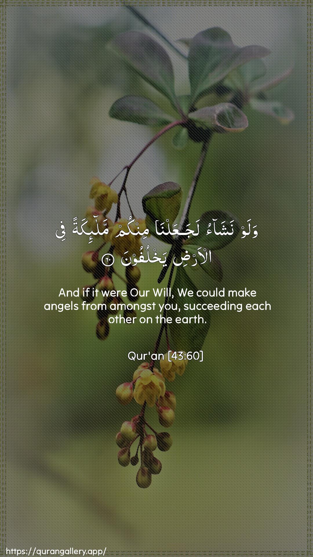 Surah Az-Zukhruf Ayah 60 of 43 HD Wallpaper: Download Beautiful vertical Quran Verse Image | Walaw nashao lajaAAalna minkummala-ikatan fee al-ardi yakhlufoon