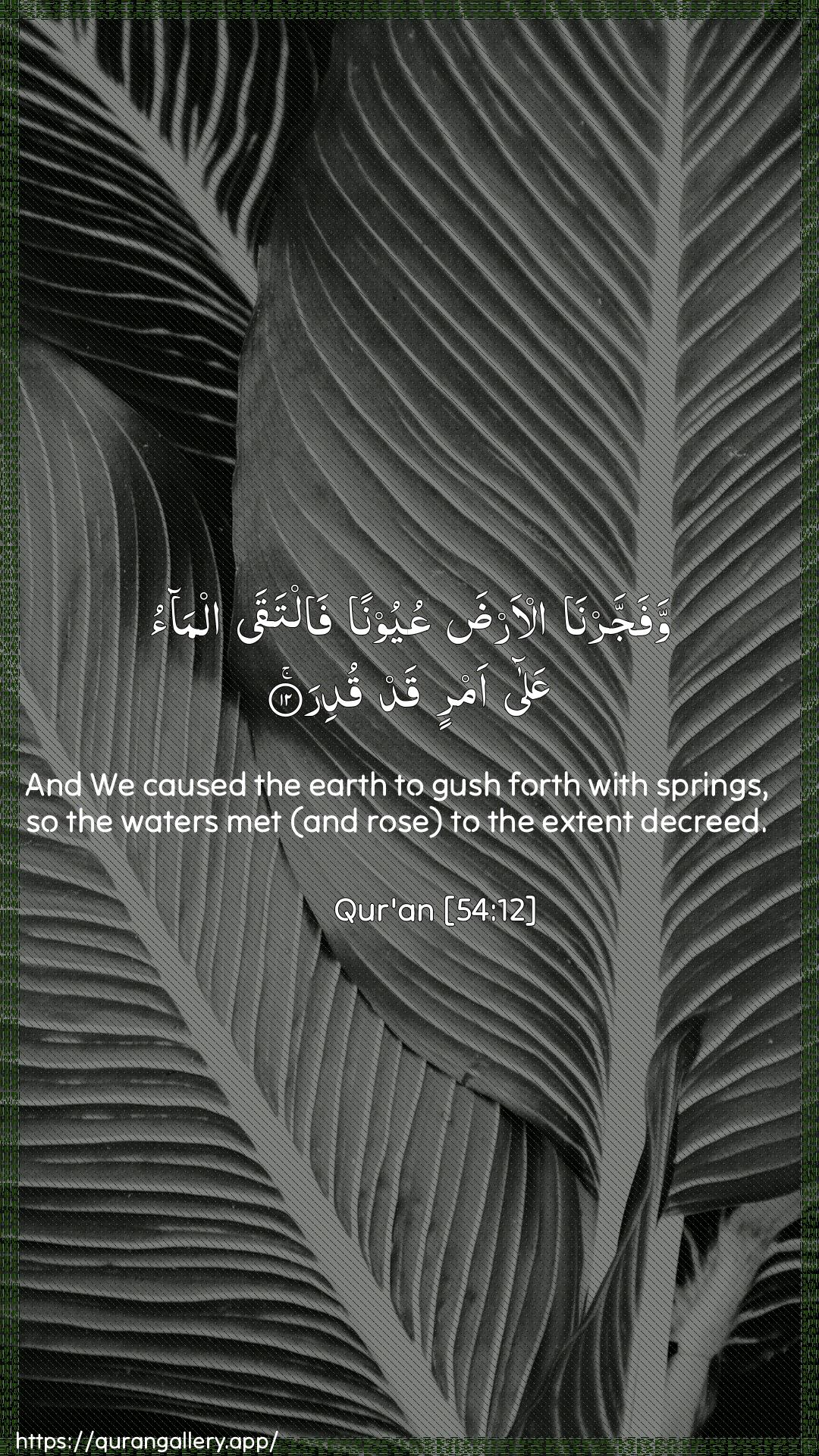 Surah Al-Qamar Ayah 12 of 54 HD Wallpaper: Download Beautiful vertical Quran Verse Image | Wafajjarna al-arda AAuyoonanfaltaqa almao AAala amrin qad qudir