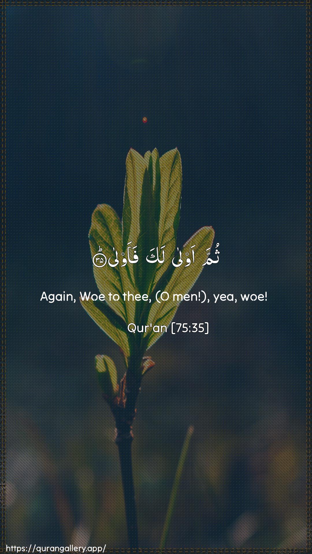 Surah Al-Qiyaama Ayah 35 of 75 HD Wallpaper: Download Beautiful vertical Quran Verse Image | Thumma awla laka faawla