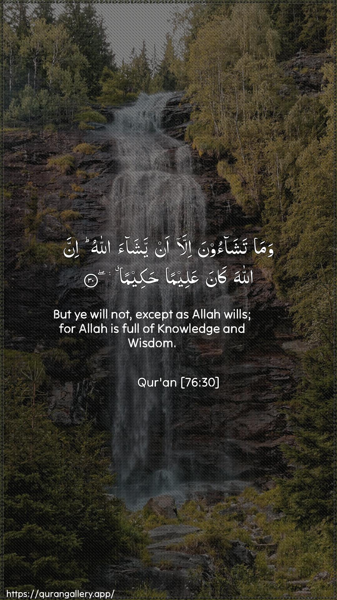 Surah Al-Insaan Ayah 30 of 76 HD Wallpaper: Download Beautiful vertical Quran Verse Image | Wama tashaoona illa anyashaa Allahu inna Allaha kanaAAaleeman hakeema