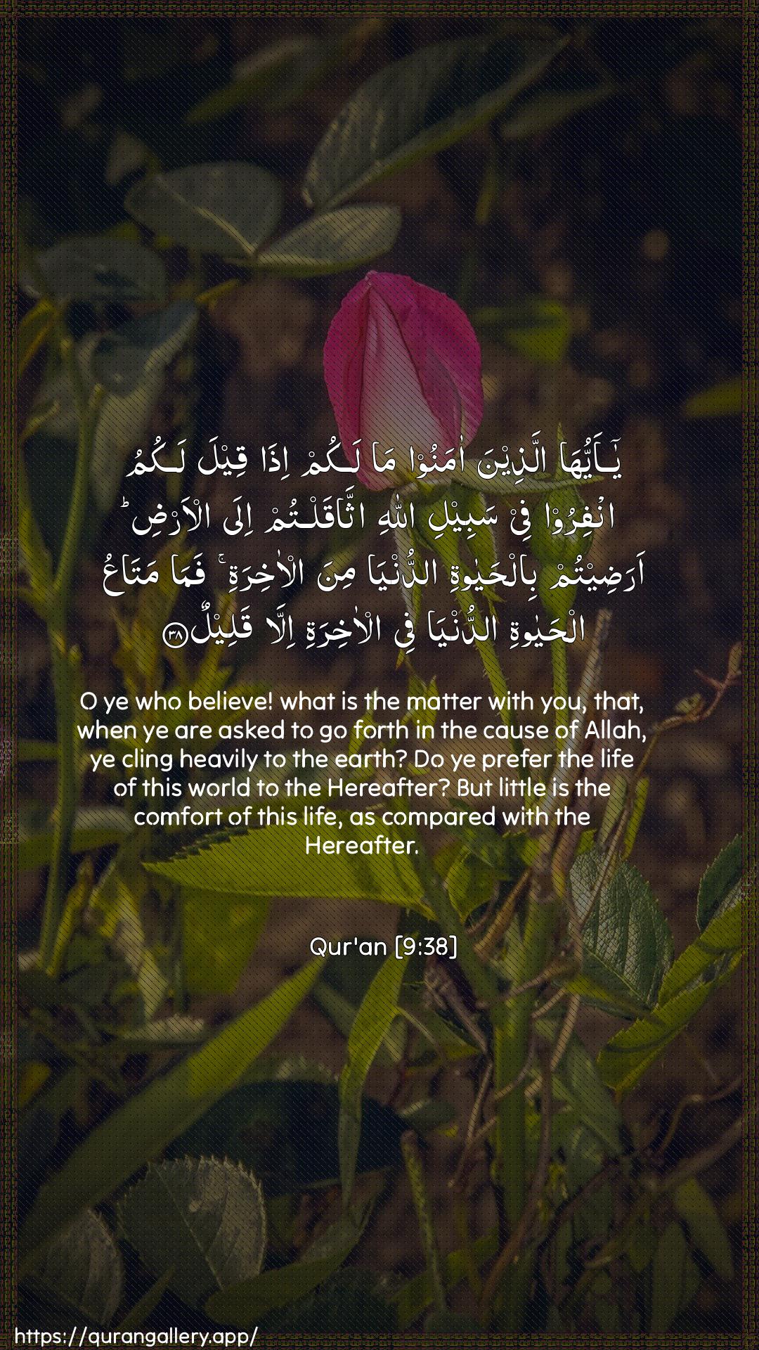 Surah At-Tawba Ayah 38 of 9 HD Wallpaper: Download Beautiful vertical Quran Verse Image | Ya ayyuha allatheena amanooma lakum itha qeela lakumu infiroo fee sabeeli Allahiiththaqaltum ila al-ardi aradeetum bilhayatiaddunya mina al-akhirati fama mataAAualhayati addunya fee al-akhiratiilla qaleel