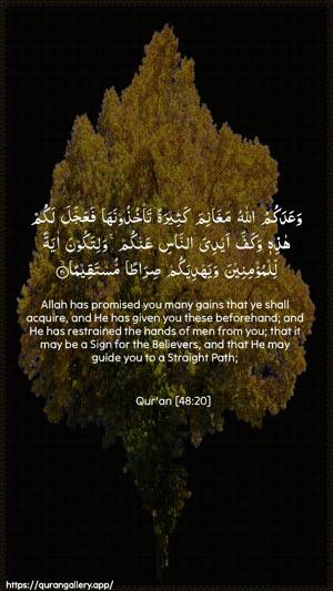 Al-Fath Ayah 20 - Arabic + English wallpaper