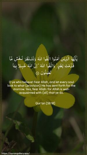 Al-Hashr Ayah 18 - Arabic + English wallpaper